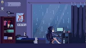 Cozy Pixel Art Bedroom Scene with Rainy Night City View and Anime Character HD wallpaper