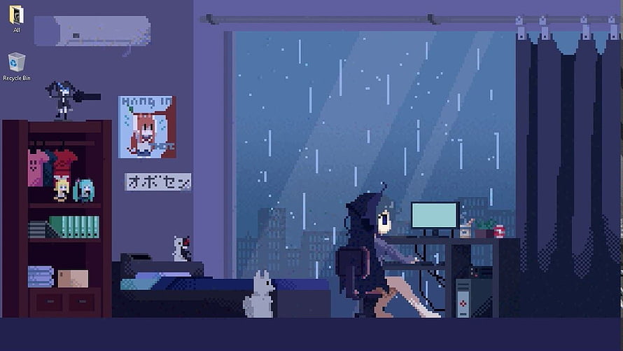 Cozy Pixel Art Bedroom Scene with Rainy Night City View and Anime Character HD wallpaper