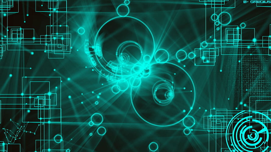 Teal Futuristic Digital Circuit Board with Glowing Geometric Shapes and Abstract Technology Design HD wallpaper