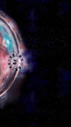 Space Station Orbiting a Colorful Gas Giant Planet in Deep Space HD phone wallpaper