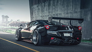 Black Ferrari 458 Italia with Liberty Walk Widebody Kit and Rear Wing HD wallpaper