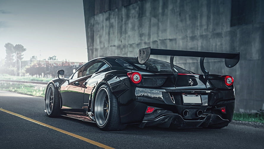Black Ferrari 458 Italia with Liberty Walk Widebody Kit and Rear Wing HD wallpaper