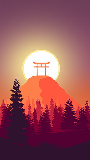 Japanese Torii Gate on Mountain Peak at Sunset with Pine Forest Silhouette HD phone wallpaper
