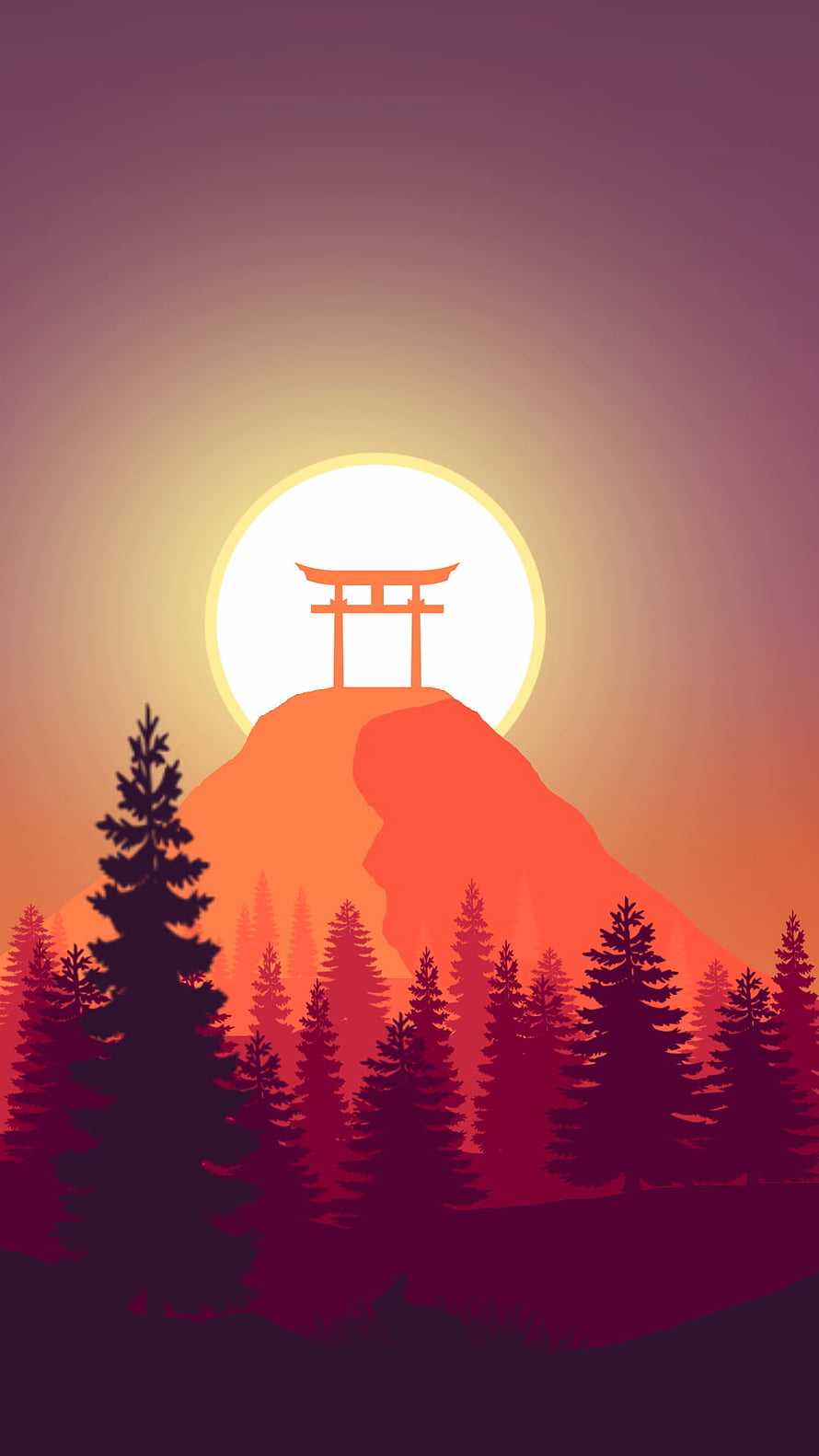 Japanese Torii Gate on Mountain Peak at Sunset with Pine Forest Silhouette HD phone wallpaper