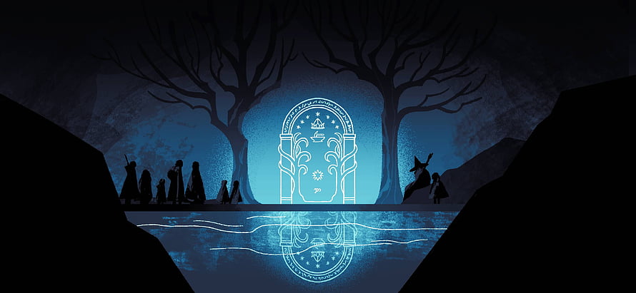 The Doors of Durin in Moria with Silhouetted Figures and Glowing Blue Rune HD wallpaper