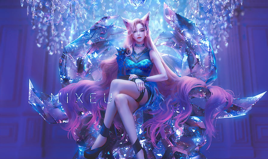 Ahri from League of Legends in a Crystal Throne Fantasy Setting HD wallpaper