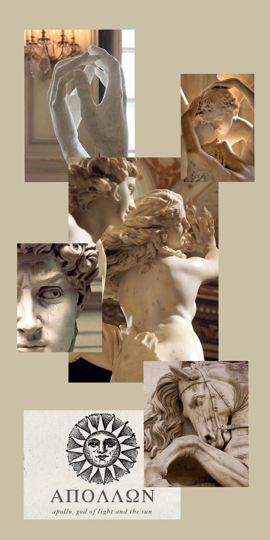 Apollo Greek Mythology Marble Sculpture Collage with Sun Emblem and Classical Art Details HD phone wallpaper