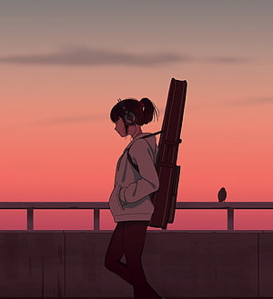 Anime Girl Walking with Guitar Case at Sunset HD phone wallpaper