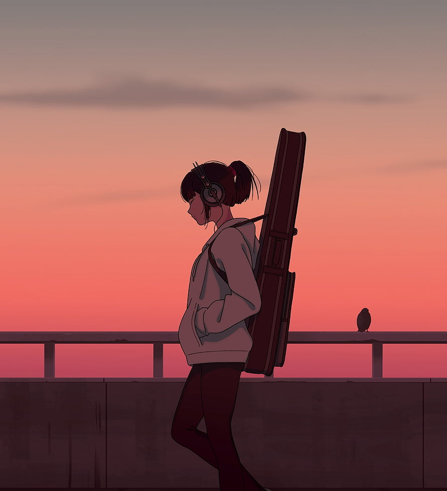 Anime Girl Walking with Guitar Case at Sunset HD phone wallpaper