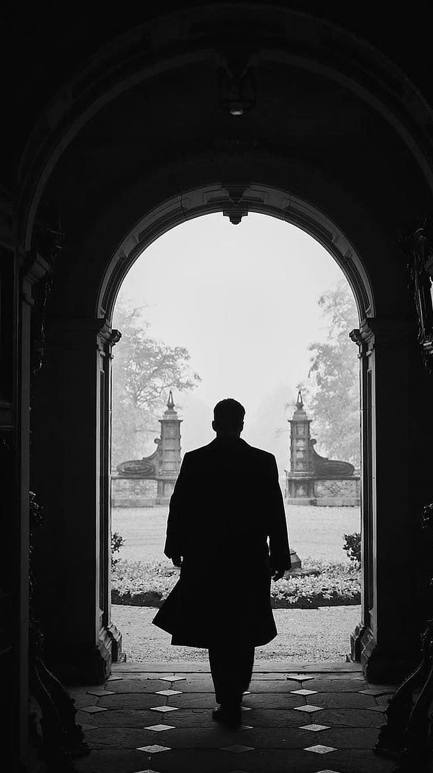 Peaky Blinders Silhouette Walking Through Grand Archway Into Misty Garden HD phone wallpaper