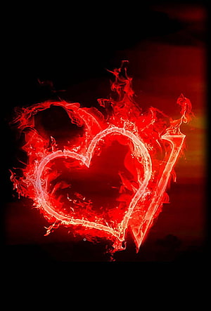 Glowing Red Flame Heart and V Letter on Black Background HD phone wallpaper