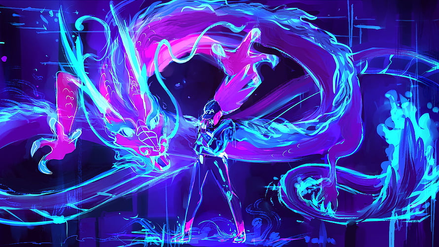 Neon Dragon and Warrior in Vibrant Cyan and Magenta Digital Art HD wallpaper