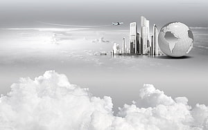 Monochrome Futuristic Cityscape Above Clouds With Globe And Airplane HD wallpaper