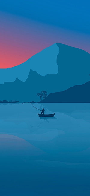 Minimalist Flat Illustration of a Fisherman in a Boat on a Calm Lake at Sunset, Minimal Google Pixel Archives, Minimal Pixel HD phone wallpaper