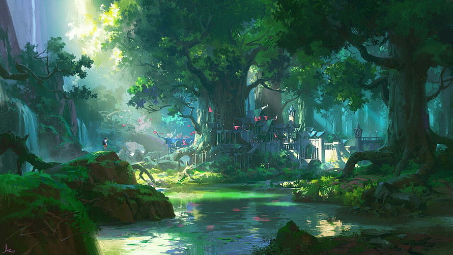 Mystical Enchanted Forest Village with Waterfall and Ancient Trees HD wallpaper