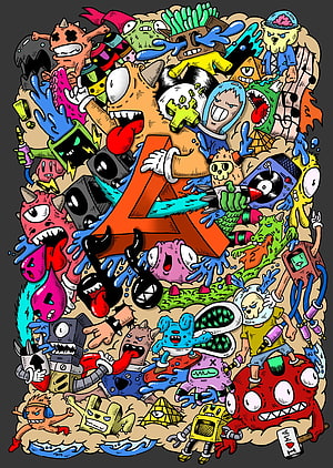 Doodle Art Illustration Featuring Chaotic Cartoon Monsters and Central Letter A HD phone wallpaper