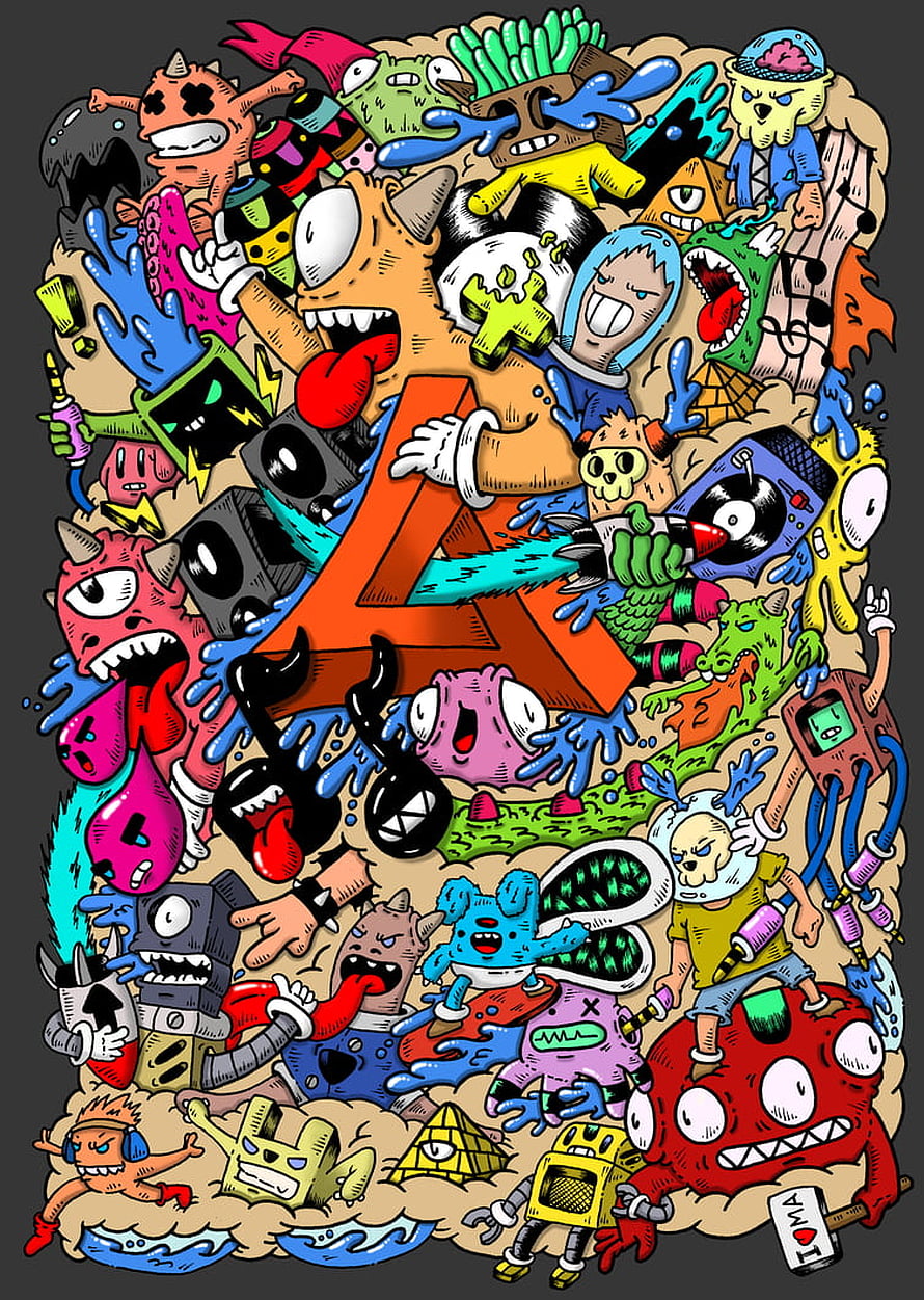 Doodle Art Illustration Featuring Chaotic Cartoon Monsters and Central Letter A HD phone wallpaper