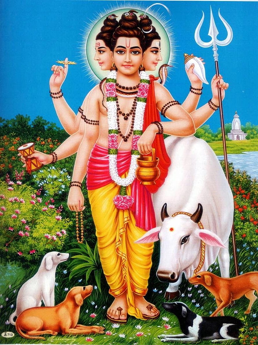 Guru Dattatreya Hindu Deity with White Bull and Dogs in Vibrant Garden Setting HD phone wallpaper