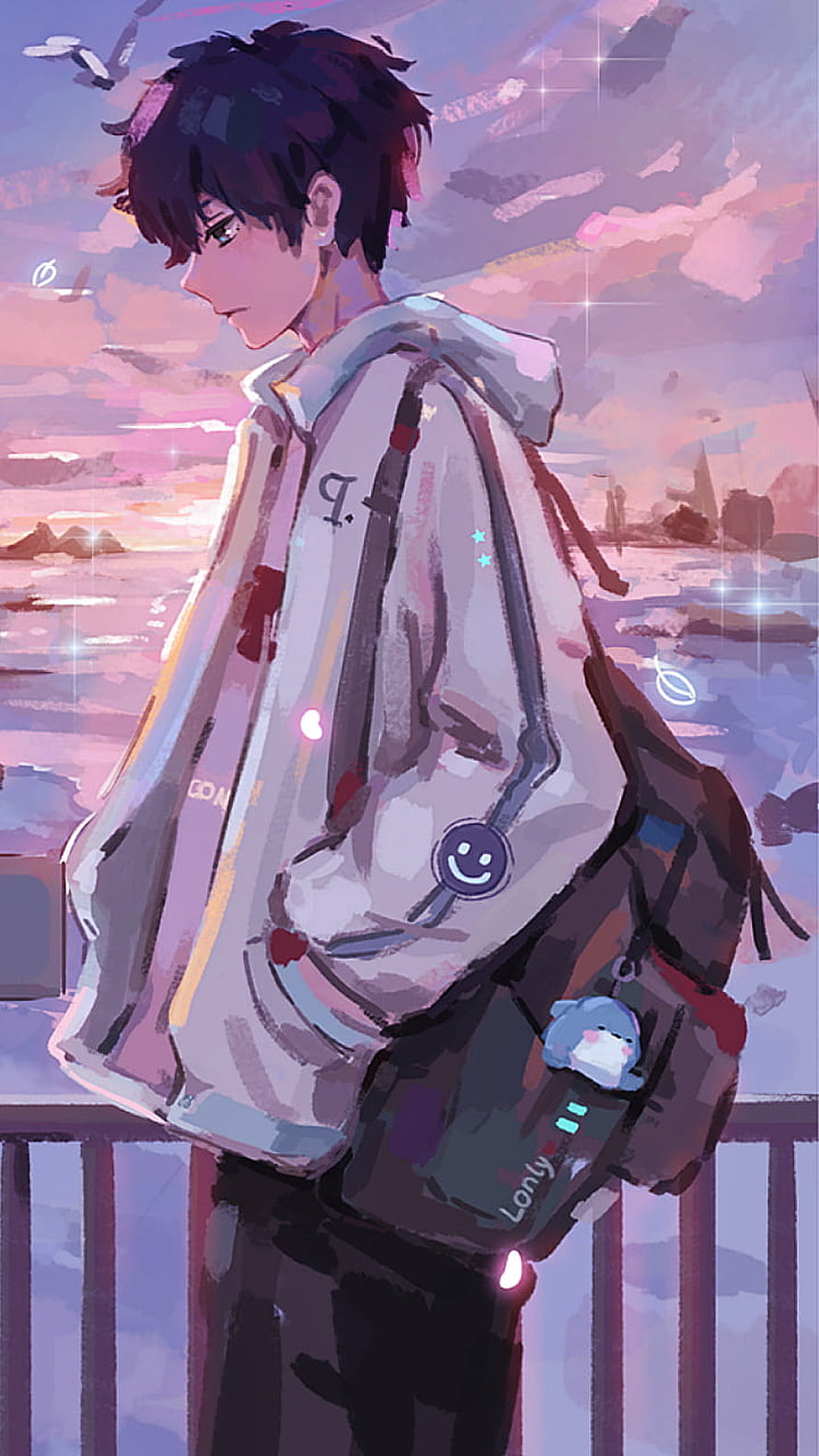 Anime Boy in White Hoodie with Backpack Gazing at Pink Sunset Sky HD phone wallpaper