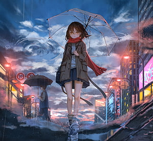 Anime Girl With Transparent Umbrella Walking Through Rainy City Street At Dusk HD wallpaper