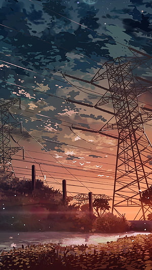 Anime Style Electric Power Lines at Dusk Over a Lotus Pond HD phone wallpaper