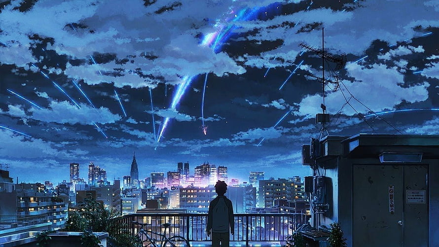 Anime Boy Watching Meteor Shower Over Tokyo Cityscape at Night HD wallpaper
