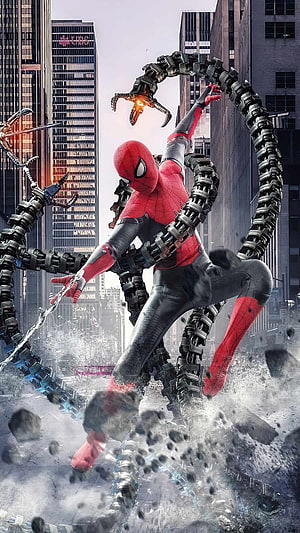 Spider-Man No Way Home Action Scene with Mechanical Tentacles in City HD phone wallpaper