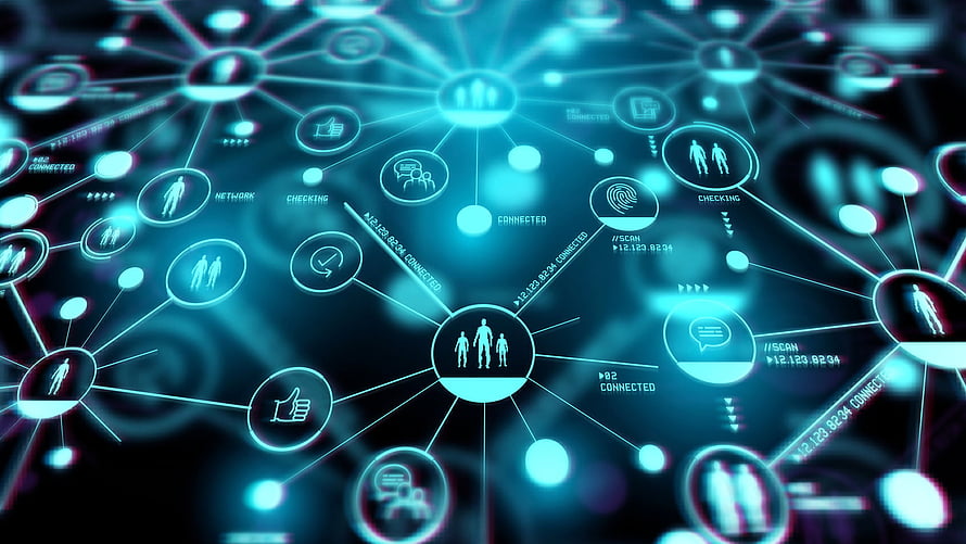 Cyan Digital Network Visualization with Connected User Icons and Data Nodes HD wallpaper