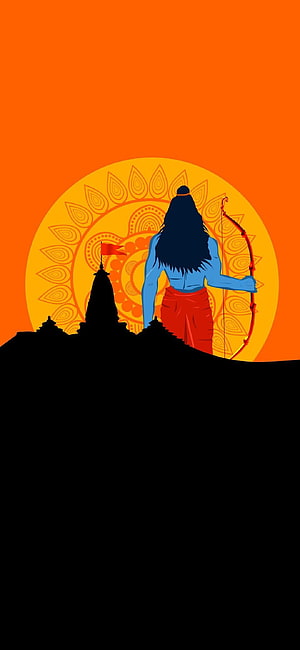 Lord Rama Silhouette with Bow and Arrow Against Vibrant Orange Mandala Background HD phone wallpaper