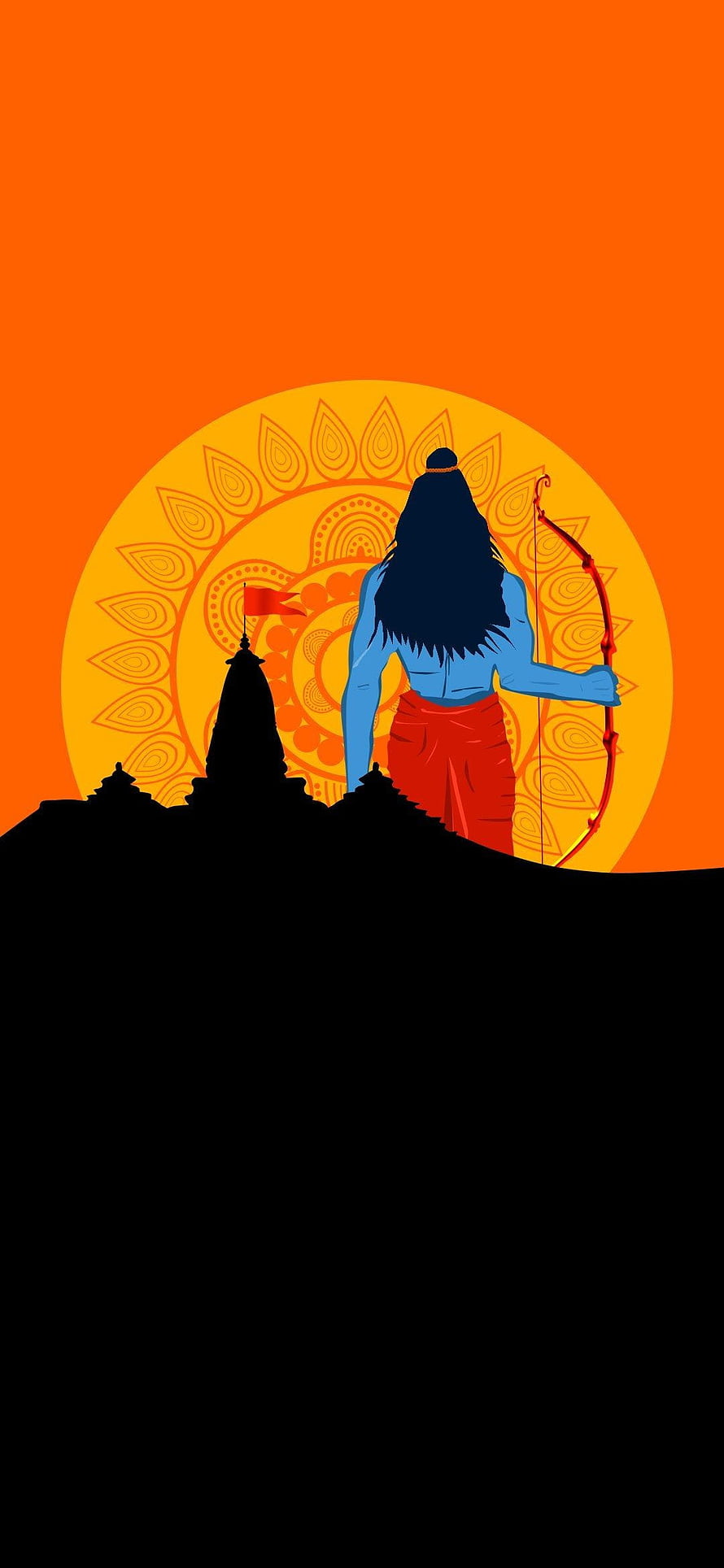 Lord Rama Silhouette with Bow and Arrow Against Vibrant Orange Mandala Background HD phone wallpaper