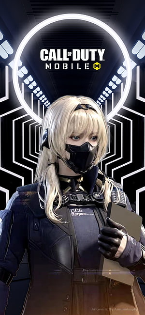 Scylla from Call of Duty Mobile in tactical gear with neon geometric background HD phone wallpaper