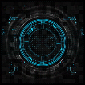 Futuristic Cyan Holographic HUD Interface with Circular Tech Display on Dark Grid Background HD phone wallpaper