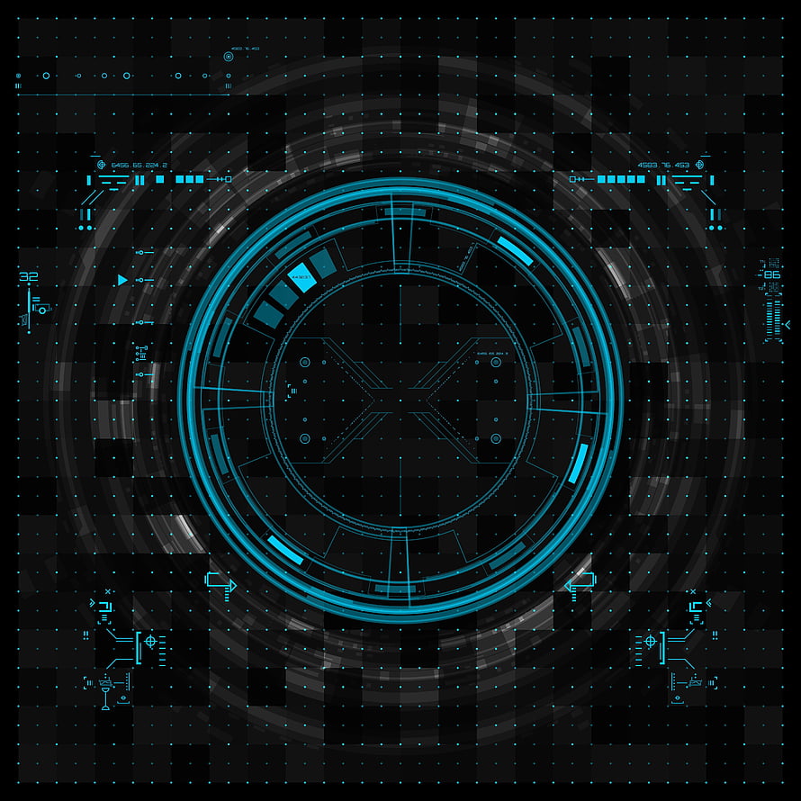 Futuristic Cyan Holographic HUD Interface with Circular Tech Display on Dark Grid Background HD phone wallpaper