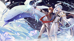 Genshin Impact Ayato and Tartaglia wielding elemental weapons with a cosmic whale backdrop HD wallpaper