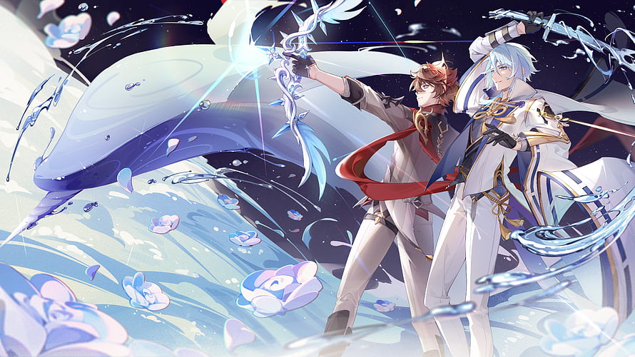 Genshin Impact Ayato and Tartaglia wielding elemental weapons with a cosmic whale backdrop HD wallpaper
