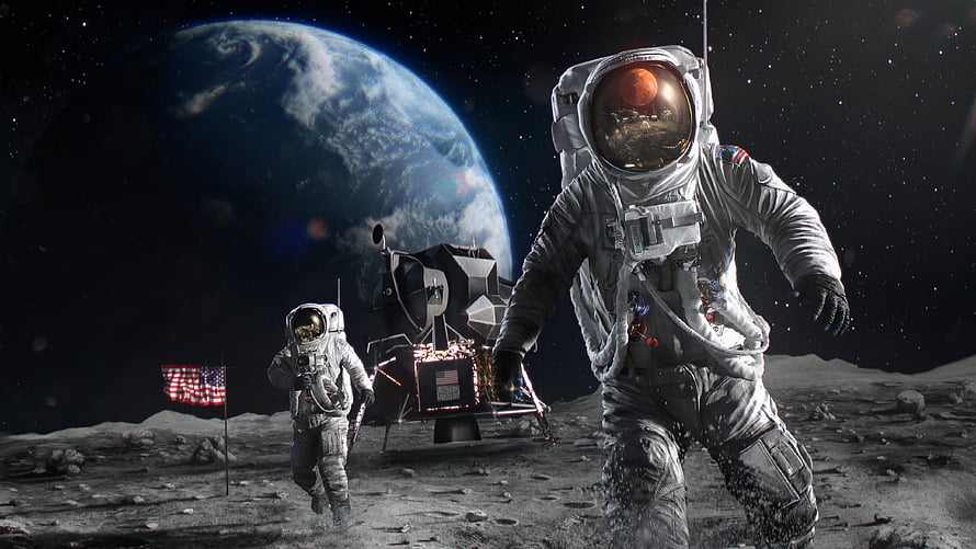 Astronauts on the Lunar Surface with Earth in the Background and a Planted American Flag HD wallpaper