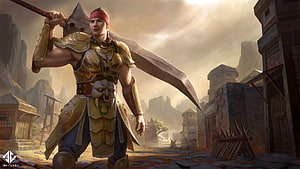 Metin2 Warrior in Golden Armor Carrying a Massive Axe Through a Dusty Village HD wallpaper