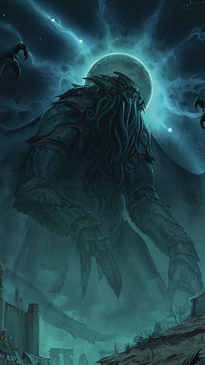 Cthulhu Mythos: Ancient Cosmic Horror Rising Over a Dark Medieval City HD phone wallpaper