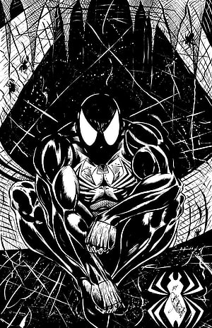 Black Suit Spider-Man Crouching in High-Contrast Black and White Comic Art HD phone wallpaper