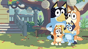 Bluey Heeler Family Group Hug in Garden with Tree and Porch HD wallpaper