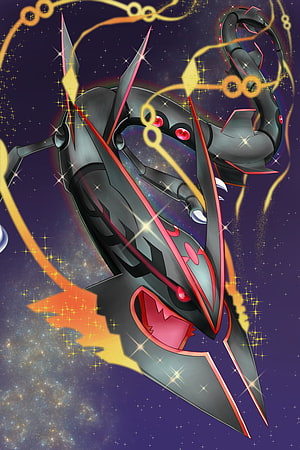 Shiny Mega Rayquaza in Cosmic Space with Golden Energy Trails and Starry Background HD phone wallpaper