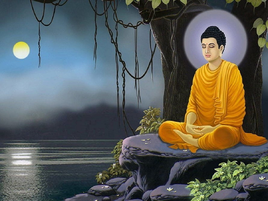Gautama Buddha Meditating Under a Tree at Night with Full Moon and Calm Water HD wallpaper