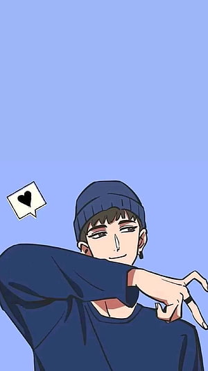 Cute Anime Boy in Beanie with Heart Speech Bubble on Pastel Blue Background HD phone wallpaper