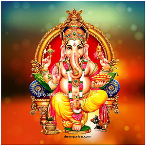 Lord Ganesha Seated on Ornate Throne with Mouse Vahana and Traditional Offerings HD phone wallpaper