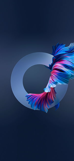 Vibrant 3D Abstract Ribbon Flowing Through Frosted Glass Ring on Dark Blue Background HD phone wallpaper