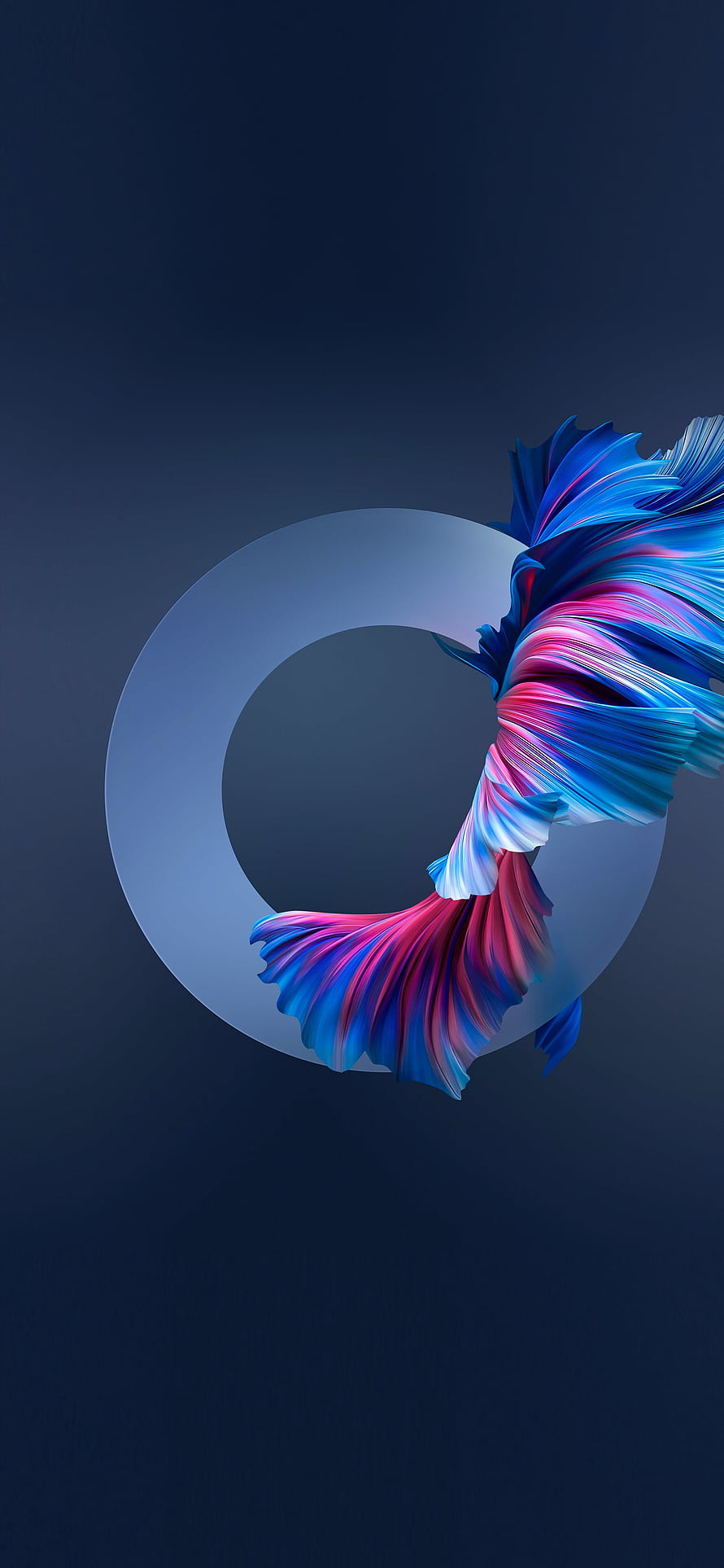 Vibrant 3D Abstract Ribbon Flowing Through Frosted Glass Ring on Dark Blue Background HD phone wallpaper