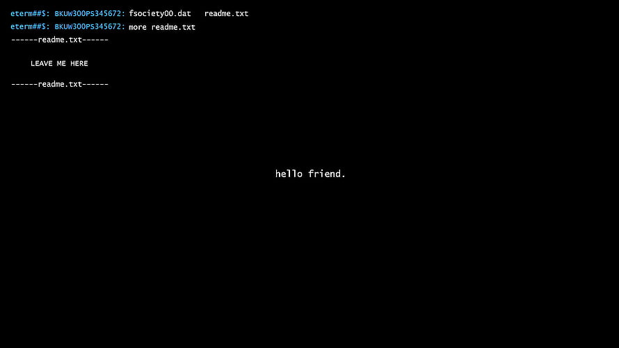 Mr. Robot Terminal Interface with Hello Friend Greeting on Black Background HD wallpaper