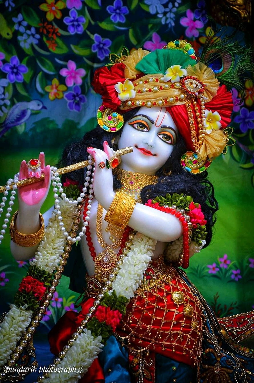 Lord Krishna Playing Flute with Ornate Jewelry and Floral Garland HD phone wallpaper