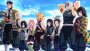 Demon Slayer Hashira Group Standing Together Under a Bright Blue Sky HD wallpaper