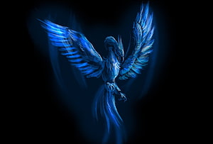 Luminous Blue Phoenix with Spread Wings in Dark Fantasy Digital Art HD wallpaper